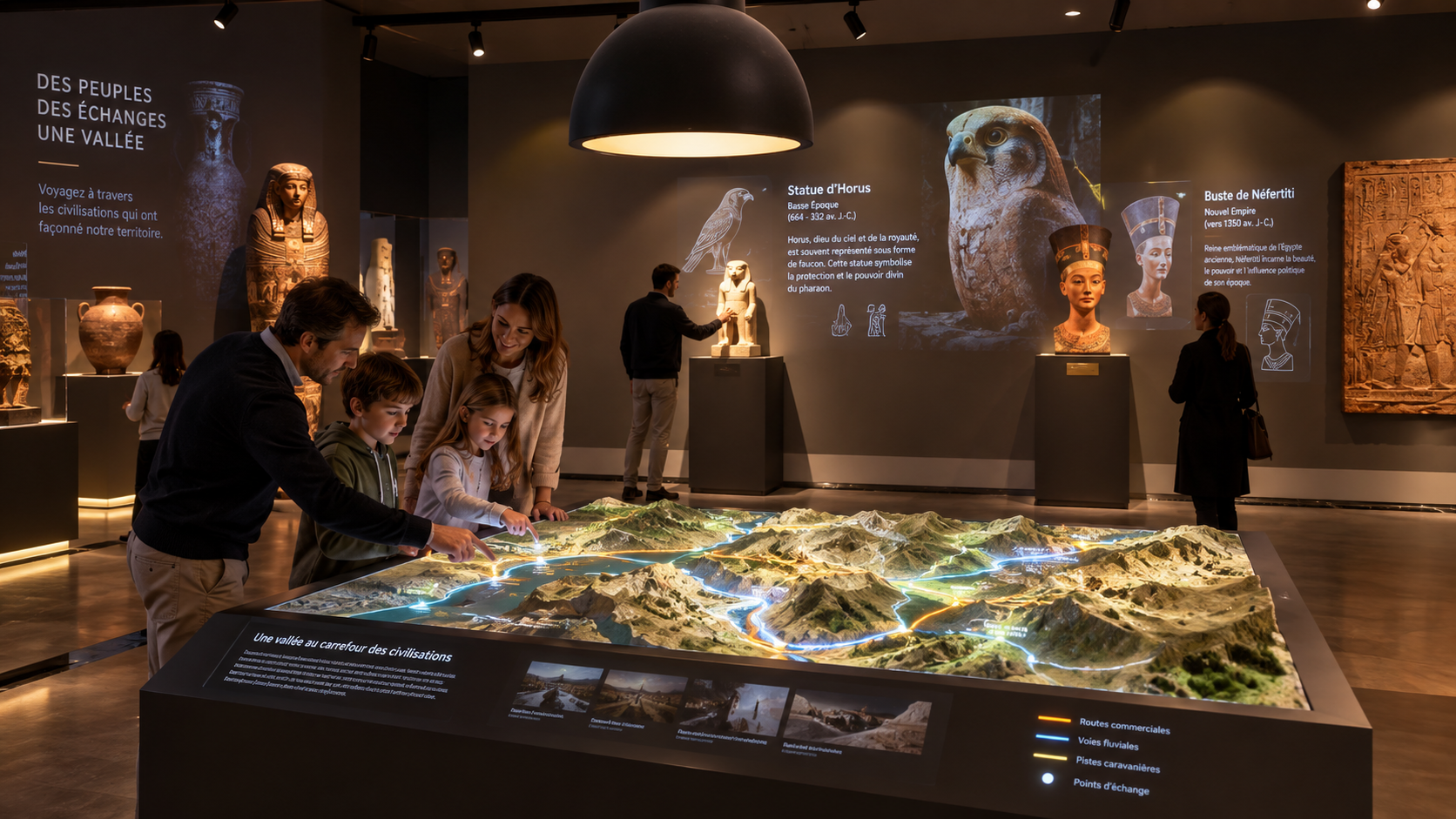 Une famille explore une carte interactive dans un espace muséal immersif